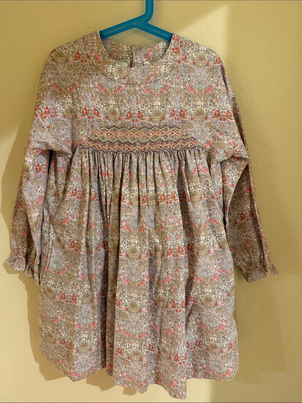Bonpoint Pink and Cream Smocked Floral Long-Sleeve Dress